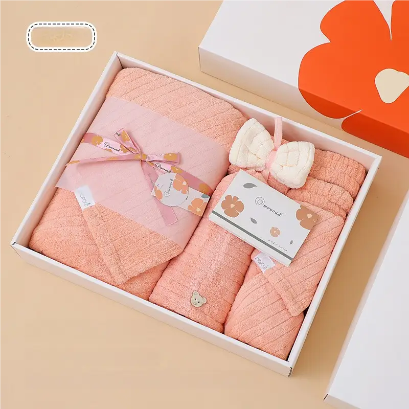 Pink Soft Coral Fleece Towel and Bath Towel Gift Set - 5-Piece Luxurious Absorbent Set - Home & Garden > Bathroom