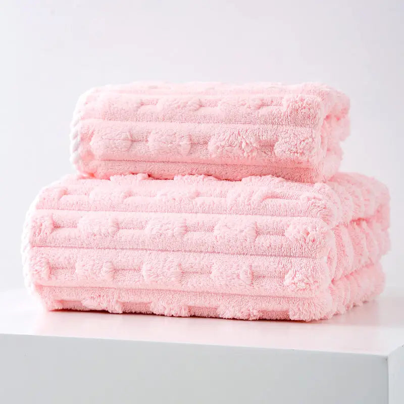 Pink Thickened Coral Fleece Towel Set Large Bath Towel & Face Towel Combo Soft & Absorbent Towels for Home Use - Home &