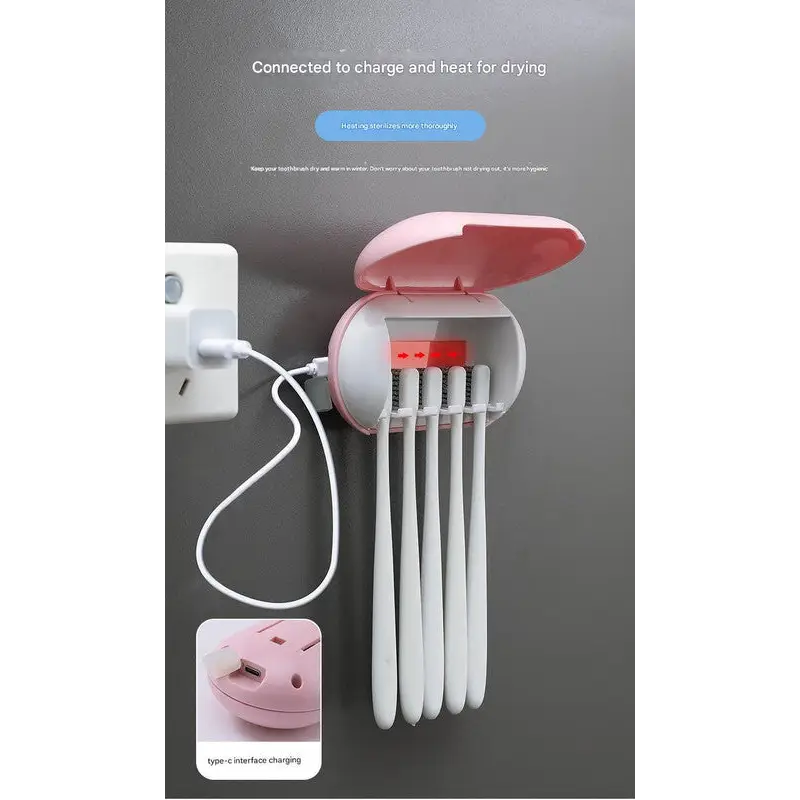 Pink Wall-Mounted Toothbrush Sterilizer with UV-C Disinfection and Drying - USB Rechargeable Family 5-Brush Holder ABS