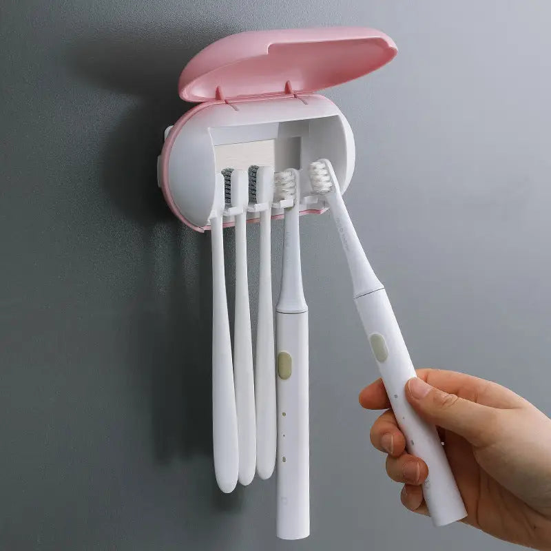 Pink Wall-Mounted Toothbrush Sterilizer with UV-C Disinfection and Drying - USB Rechargeable Family 5-Brush Holder ABS