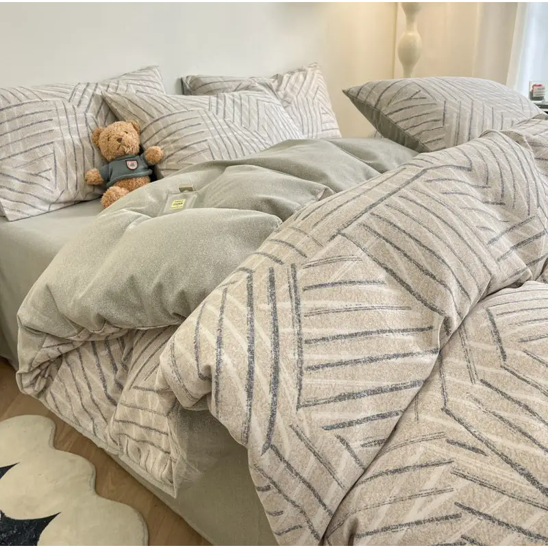 Pinstripe Thick Brushed Cotton 4-Piece Bed Sheet Set (1.5m Bed) - Fits 200x230cm Duvet - Home & Garden > Bedding >