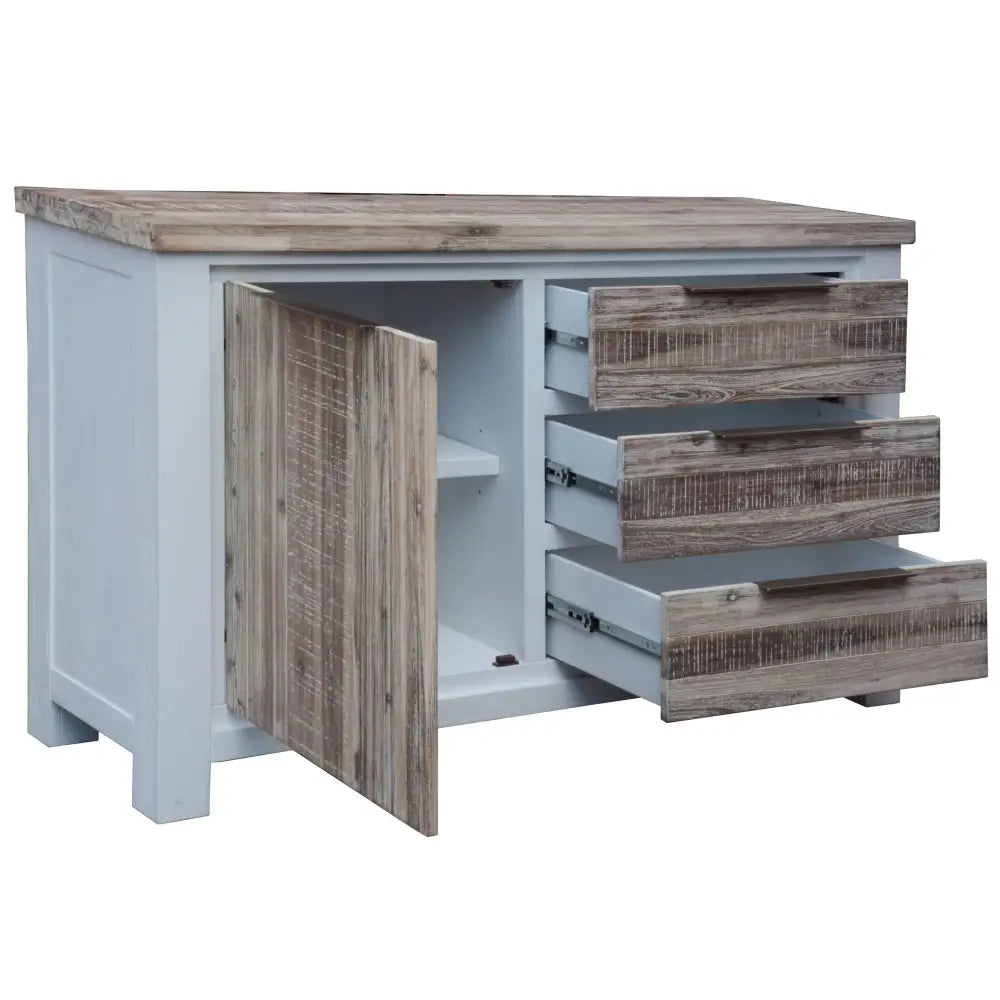 Plumeria Buffet Table 145cm 1 Door 3 Drawer Solid Acacia Timber - White Brush - Furniture > Living Room