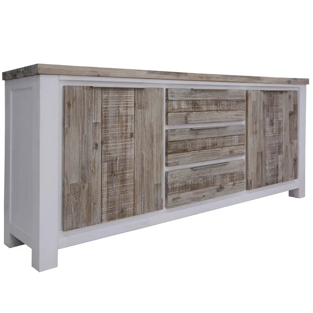 Plumeria Buffet Table 200cm 2 Door 3 Drawer Solid Acacia Timber - White Brush - Furniture > Living Room