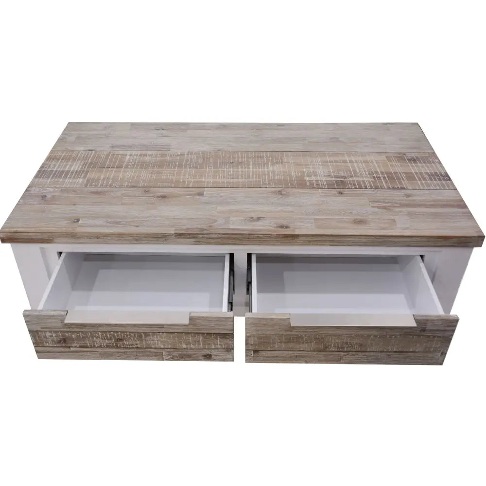 Plumeria Coffee Table 130cm 2 Drawer Solid Acacia Timber Wood - White Brush - Furniture > Living Room
