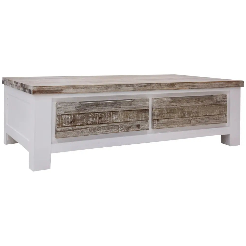 Plumeria Coffee Table 130cm 2 Drawer Solid Acacia Timber Wood - White Brush - Furniture > Living Room