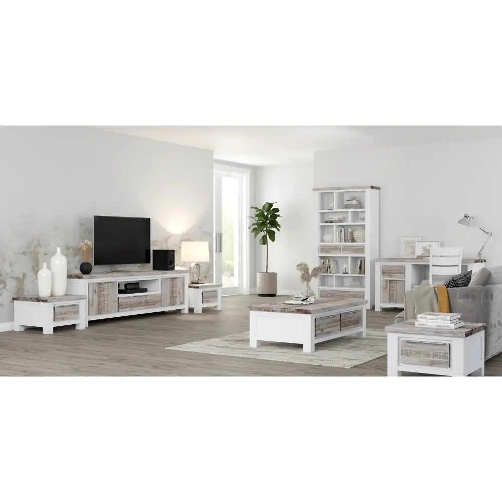 Plumeria ETU Entertainment TV Unit 176cm 2 Door Solid Acacia Timber -White Brush - Furniture > Living Room