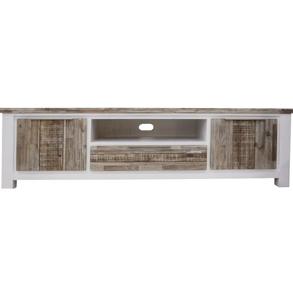Plumeria ETU Entertainment TV Unit 210cm 2 Door Solid Acacia Timber -White Brush - Furniture > Living Room