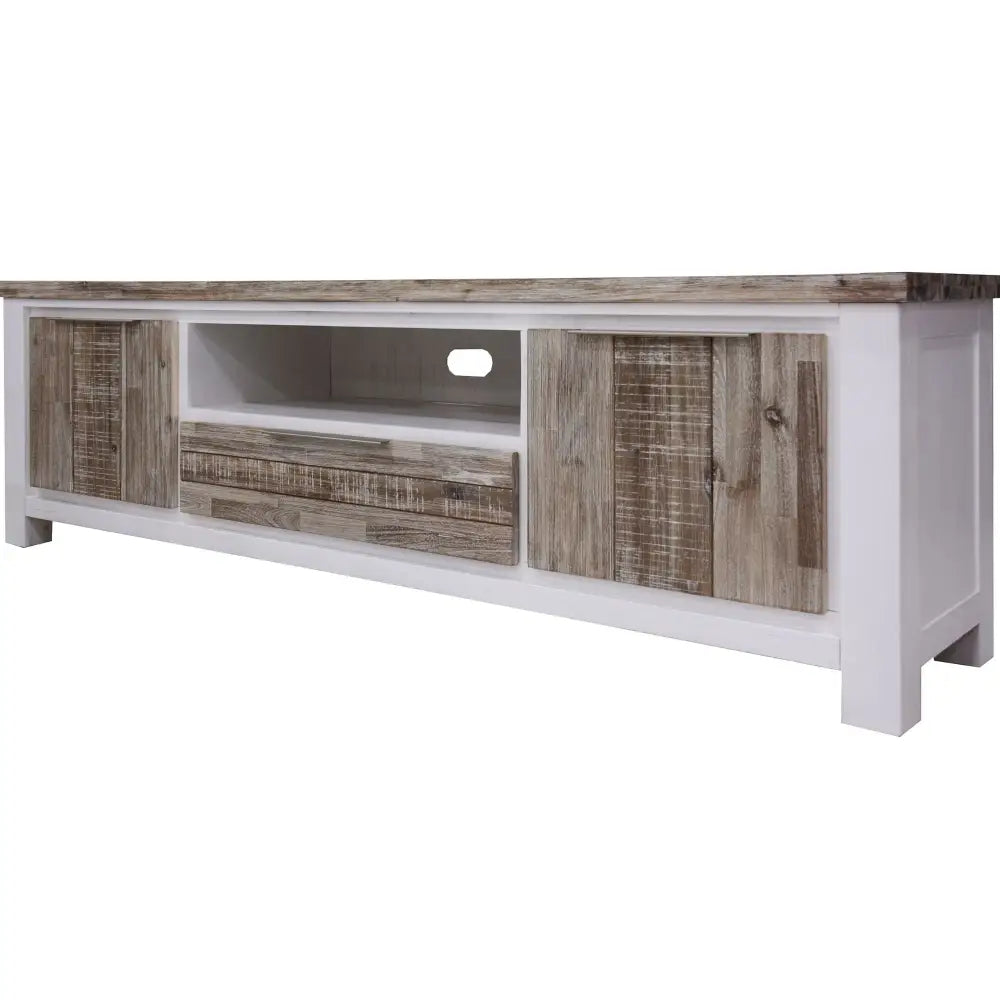 Plumeria ETU Entertainment TV Unit 210cm 2 Door Solid Acacia Timber -White Brush - Furniture > Living Room