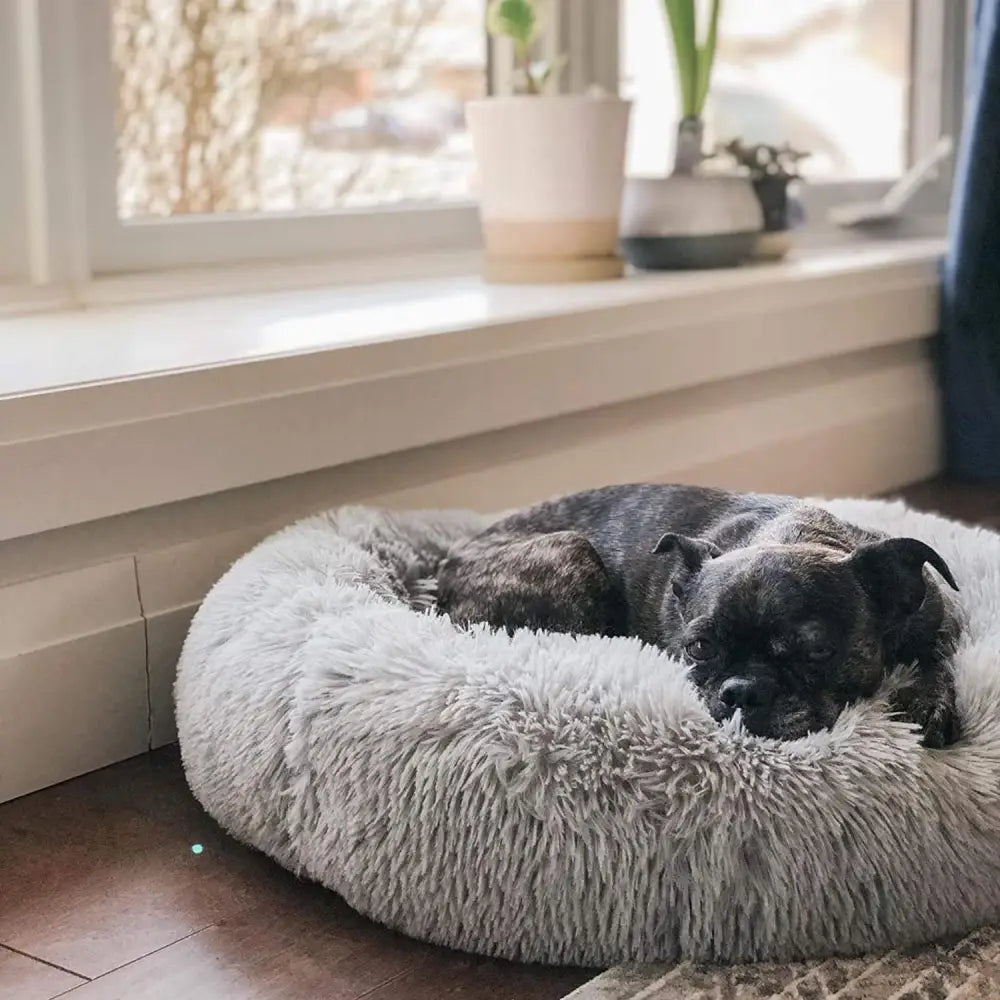 Plush Donut Faux Fur Calming Pet Nest - Grey - M - Pet Care > Dog Supplies > Dog Beds