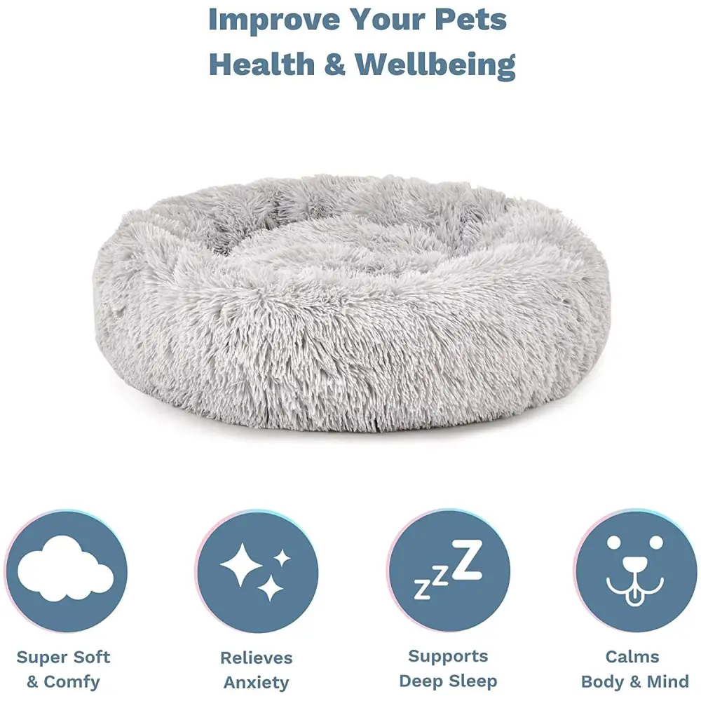 Plush Donut Faux Fur Calming Pet Nest - Grey - M - Pet Care > Dog Supplies > Dog Beds