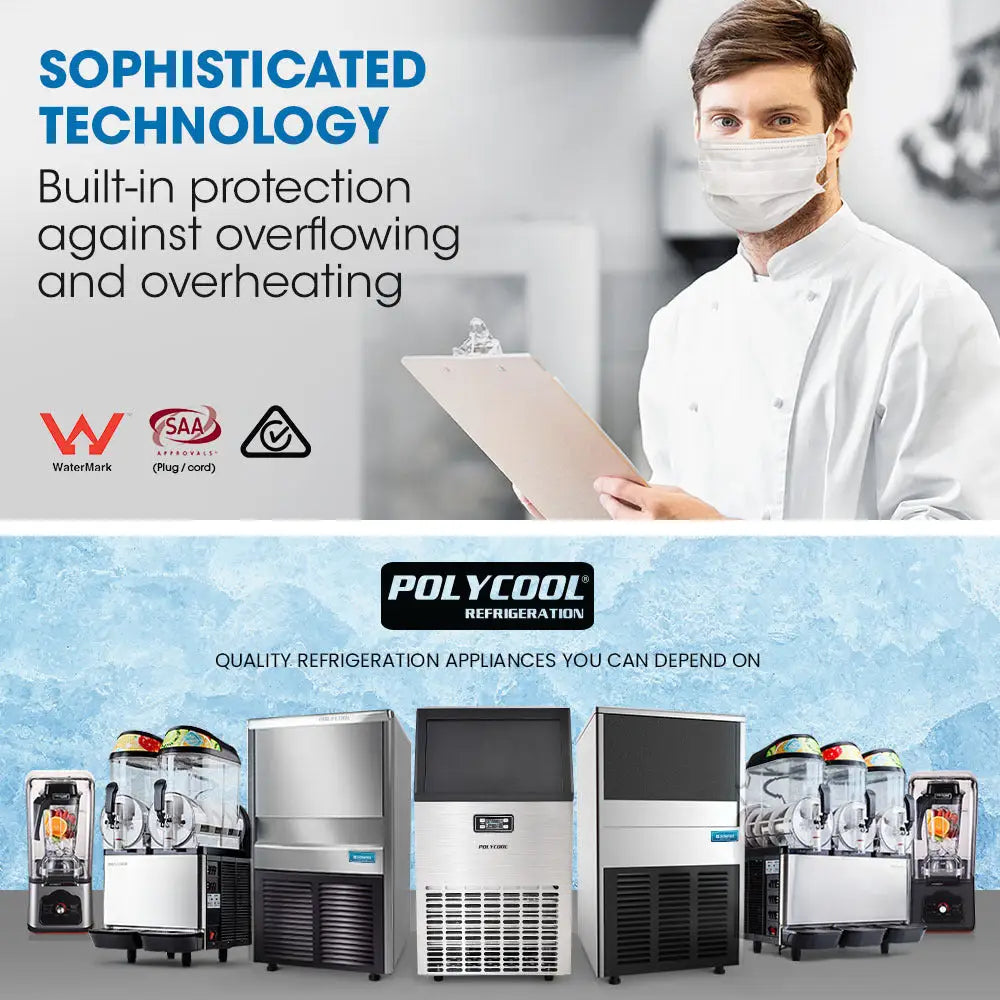 POLYCOOL Ice Cube Maker 45-65kg Commercial Ice Machine Stainless Steel Automatic with LCD Screen - Appliances > Kitchen