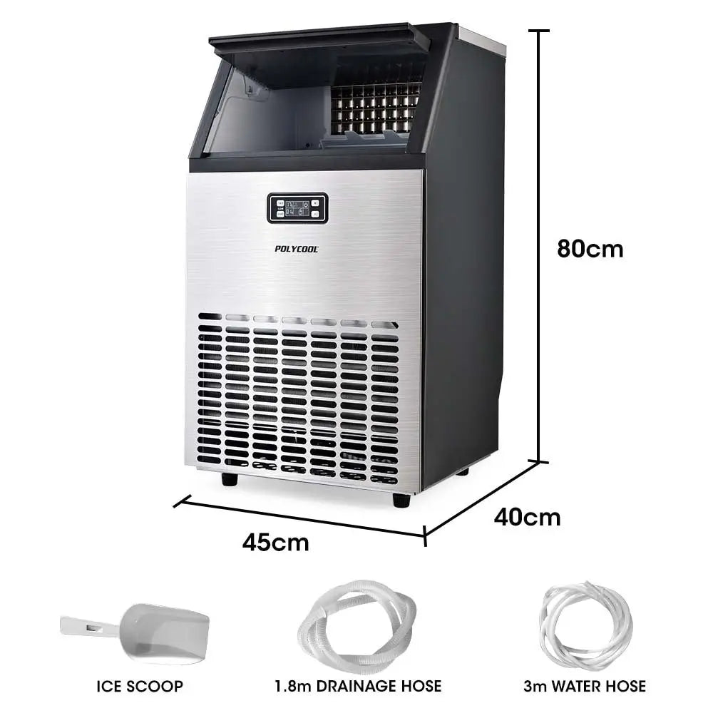 POLYCOOL Ice Cube Maker 45-65kg Commercial Ice Machine Stainless Steel Automatic with LCD Screen - Appliances > Kitchen
