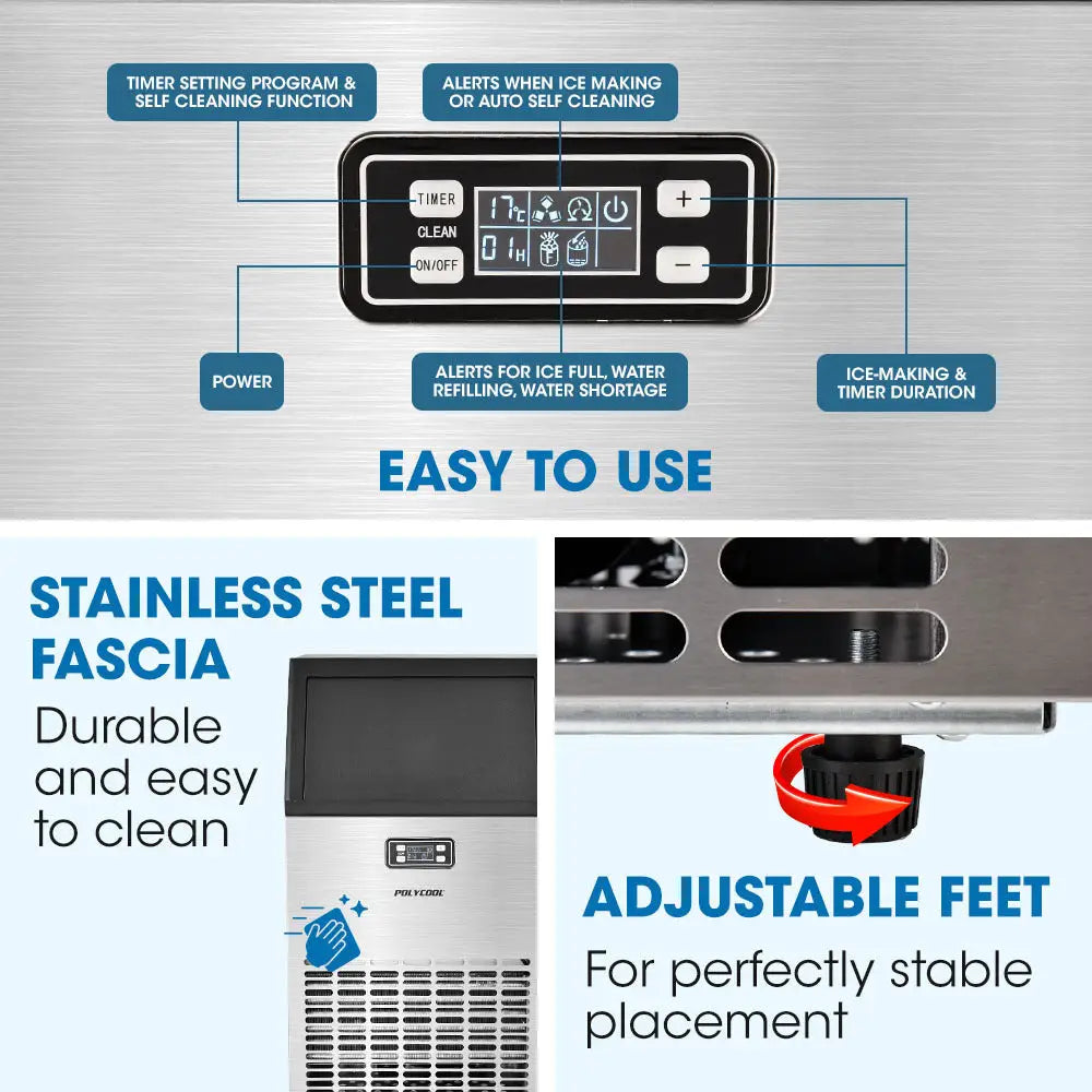 POLYCOOL Ice Cube Maker 45-65kg Commercial Ice Machine Stainless Steel Automatic with LCD Screen - Appliances > Kitchen