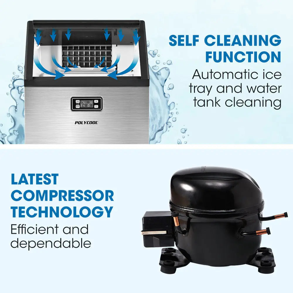 POLYCOOL Ice Cube Maker 45-65kg Commercial Ice Machine Stainless Steel Automatic with LCD Screen - Appliances > Kitchen