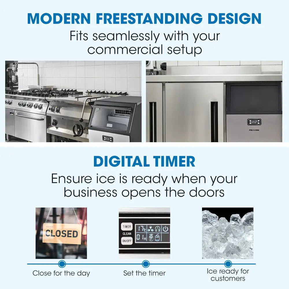 POLYCOOL Ice Cube Maker 45-65kg Commercial Ice Machine Stainless Steel Automatic with LCD Screen - Appliances > Kitchen