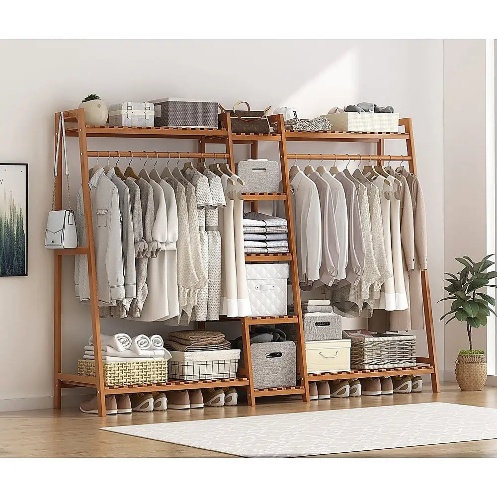 Portable Clothes Rack Coat Garment Stand Bamboo Rail Hanger Airer Closet - Furniture > Office