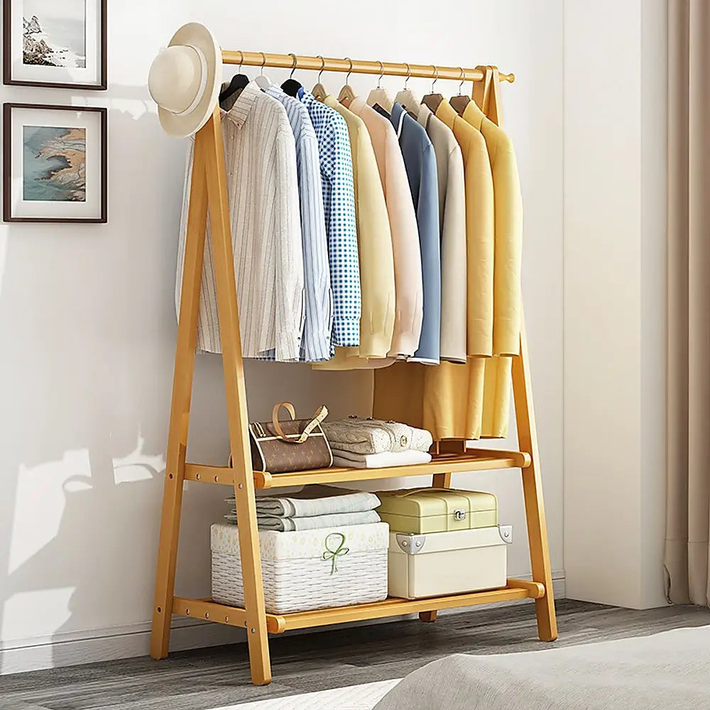 Portable Clothes Rack Coat Garment Stand Bamboo Rail Hanger Airer Closet - Furniture > Office