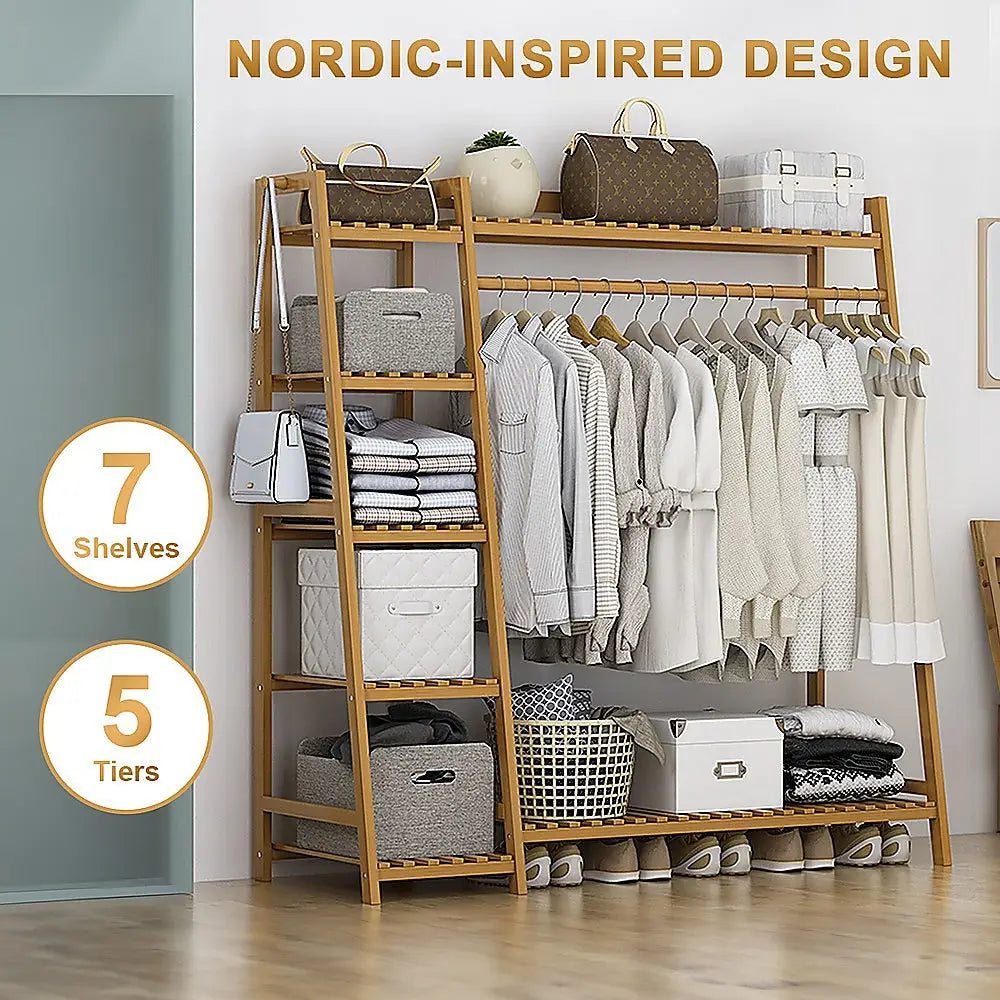 Portable Clothes Rack Coat Garment Stand Bamboo Rail Hanger Airer Closet - Furniture > Office