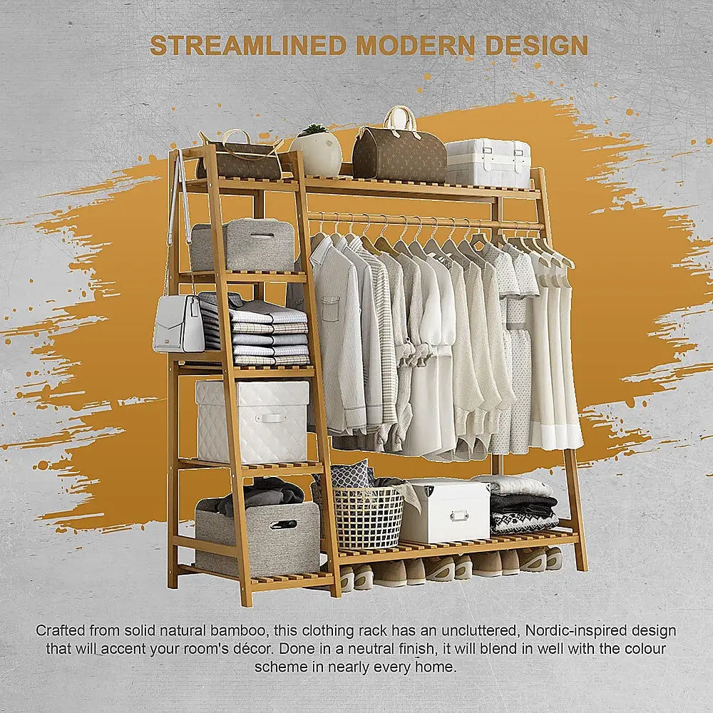 Portable Clothes Rack Coat Garment Stand Bamboo Rail Hanger Airer Closet - Furniture > Office