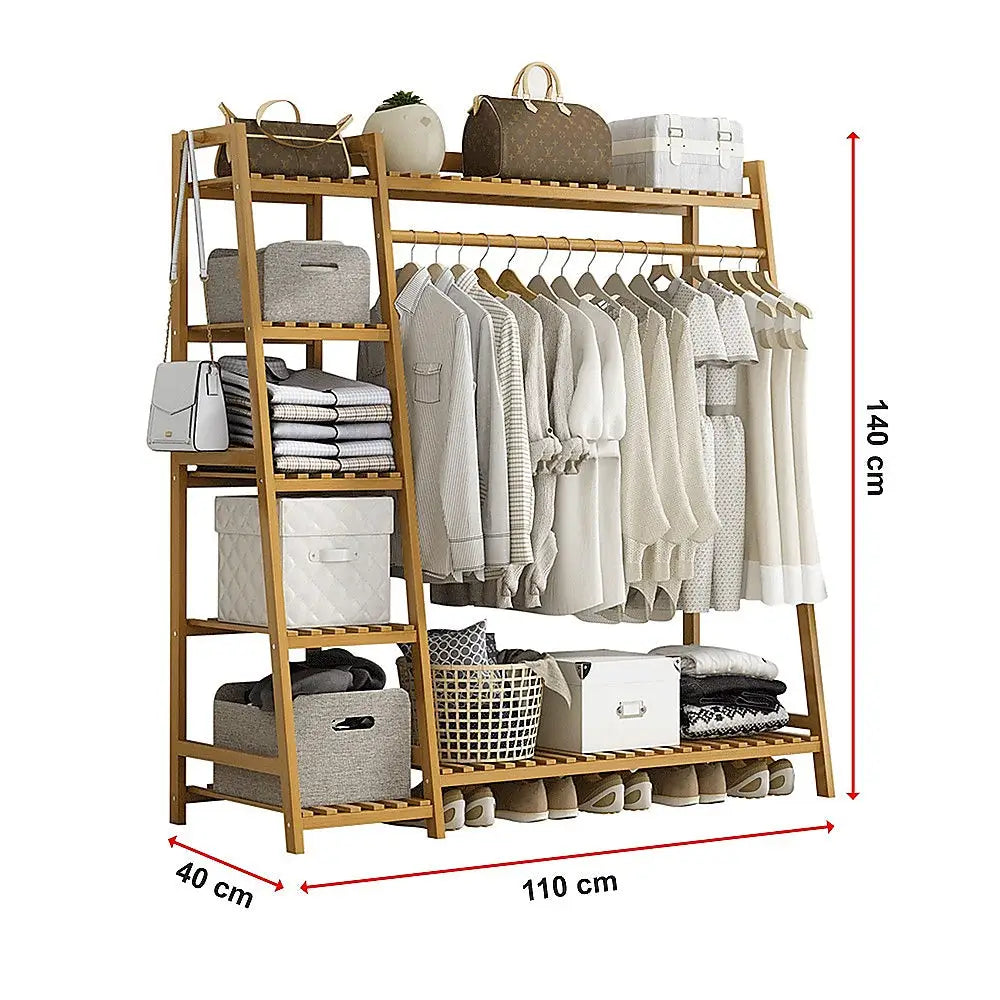 Portable Clothes Rack Coat Garment Stand Bamboo Rail Hanger Airer Closet - Furniture > Office