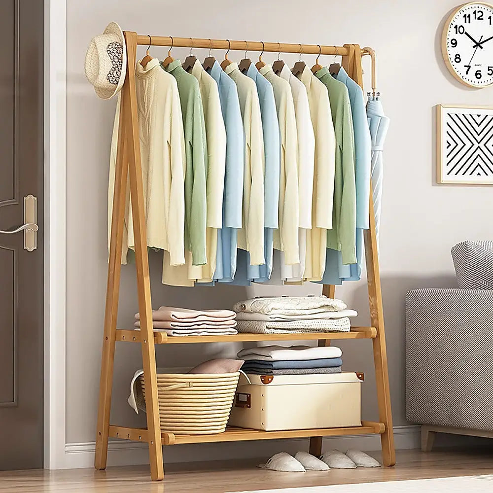 Portable Clothes Rack Coat Garment Stand Bamboo Rail Hanger Airer Closet - Furniture > Office