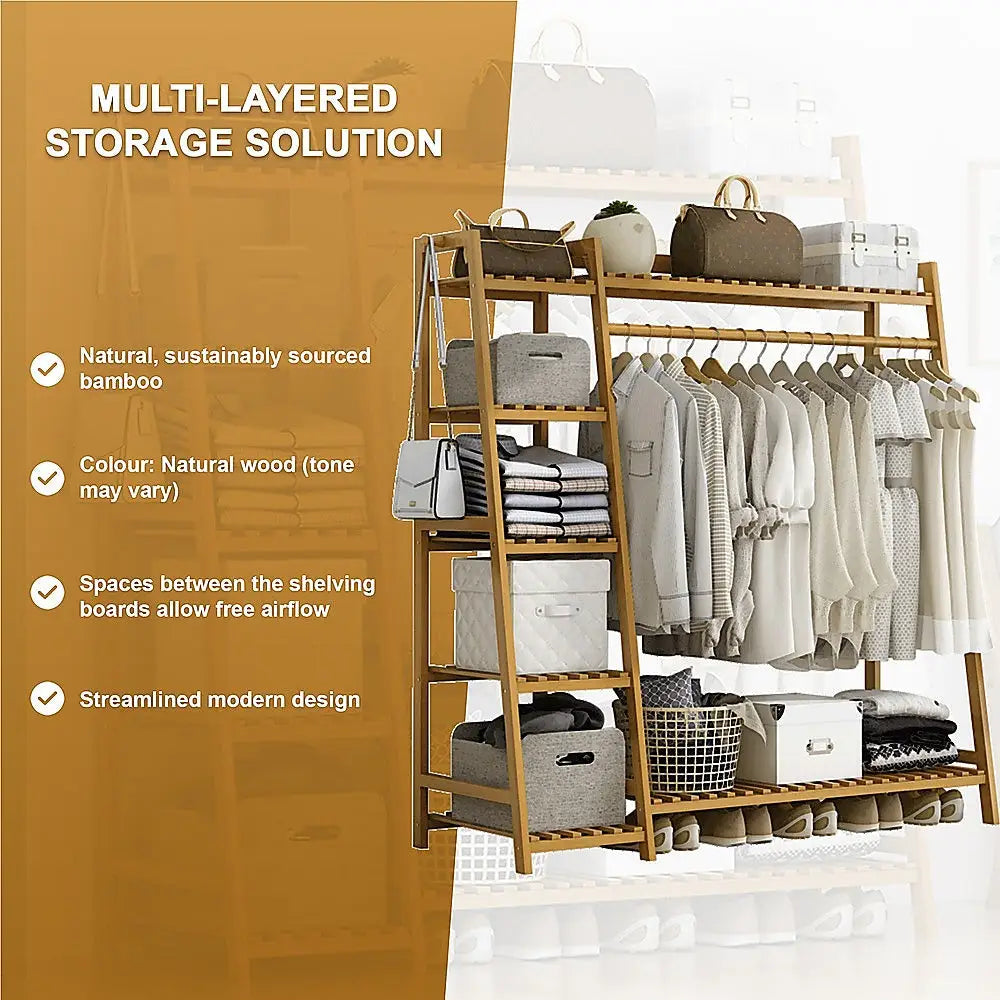 Portable Clothes Rack Coat Garment Stand Bamboo Rail Hanger Airer Closet - Furniture > Office