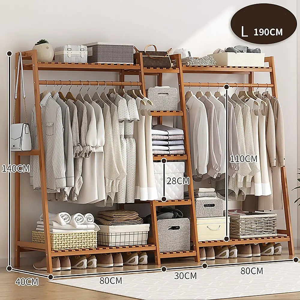 Portable Clothes Rack Coat Garment Stand Bamboo Rail Hanger Airer Closet - Furniture > Office