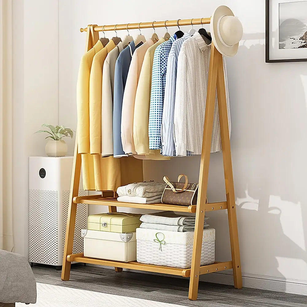 Portable Clothes Rack Coat Garment Stand Bamboo Rail Hanger Airer Closet - Furniture > Office
