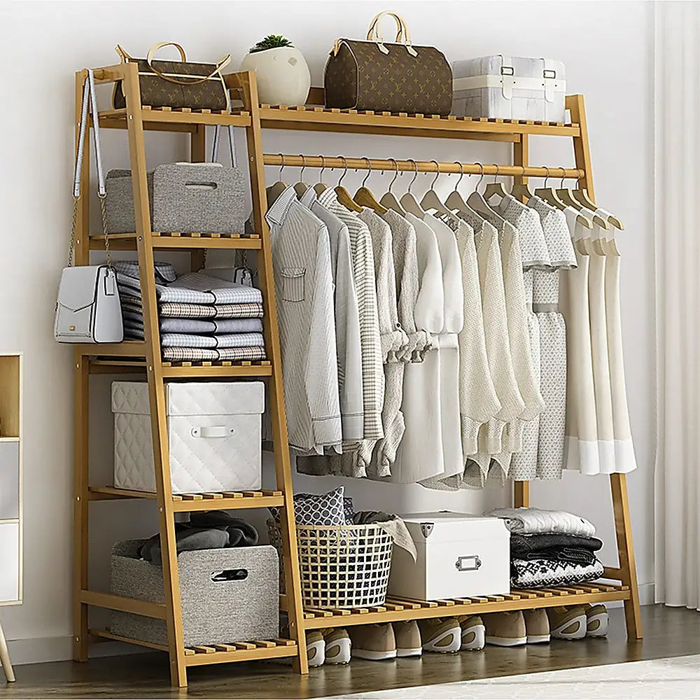 Portable Clothes Rack Coat Garment Stand Bamboo Rail Hanger Airer Closet - Furniture > Office