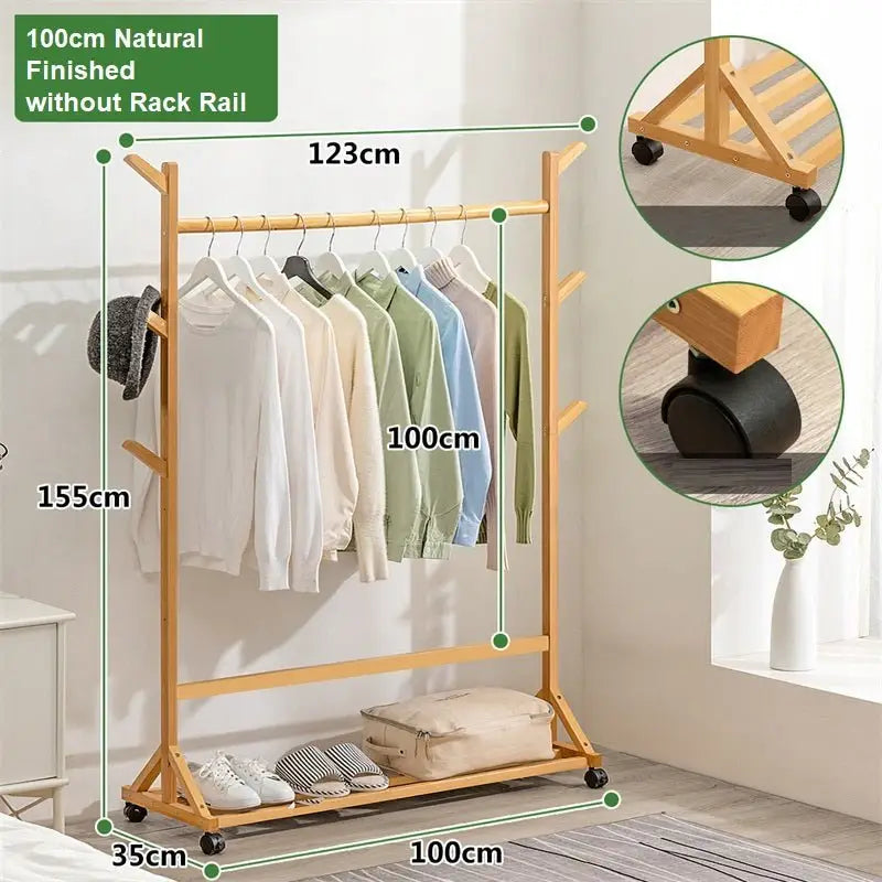 Portable Coat Stand Rack Rail Clothes Hat Garment Hanger Hook with Shelf Bamboo 9 Hook without Rack Rail Natural
