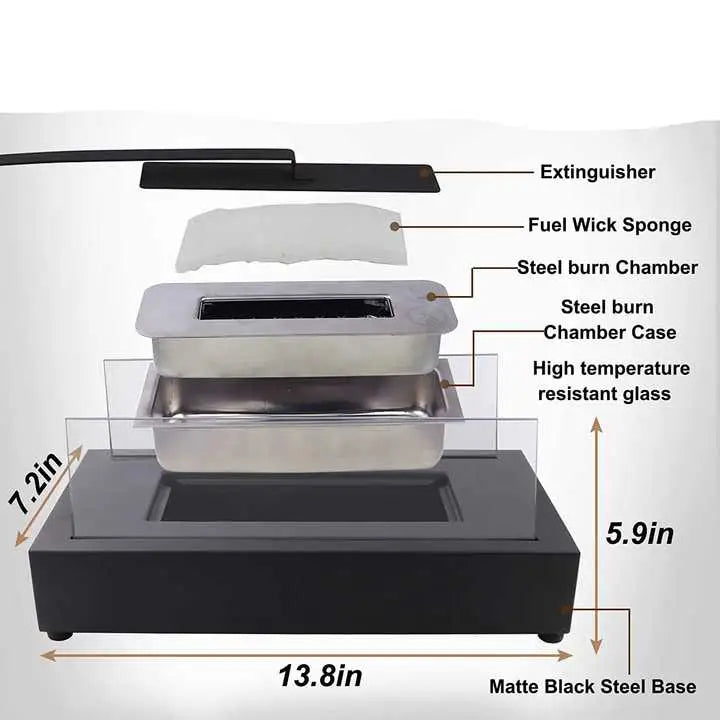 Portable Detachable Tabletop Bioethanol Fireplace - Black Rectangular Design with Glass Shields - Home & Garden > Decor