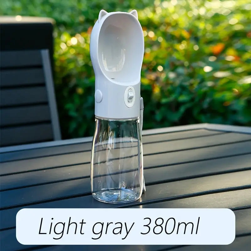 Portable Dog Water Bottle with Bowl Dispenser-380ml Grey Pet Travel Cup Leak-proof One-Hand Operation - Pet Care > Dog