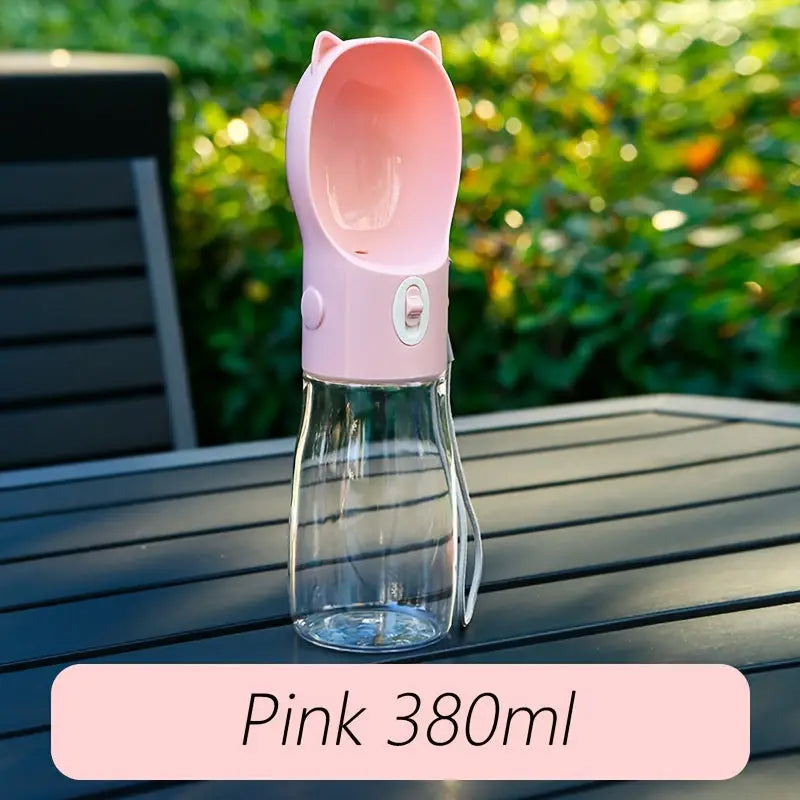 Portable Dog Water Bottle with Bowl Dispenser-380ml Pink Pet Travel Cup Leak-proof One-Hand Operation - Pet Care > Dog