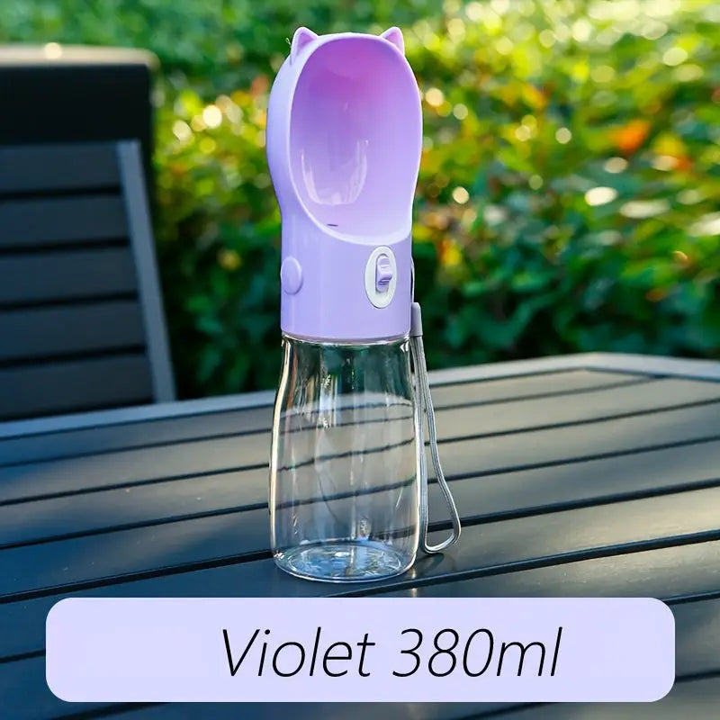 Portable Dog Water Bottle with Bowl Dispenser-380ml Purple Pet Travel Cup Leak-proof One-Hand Operation - Pet Care >