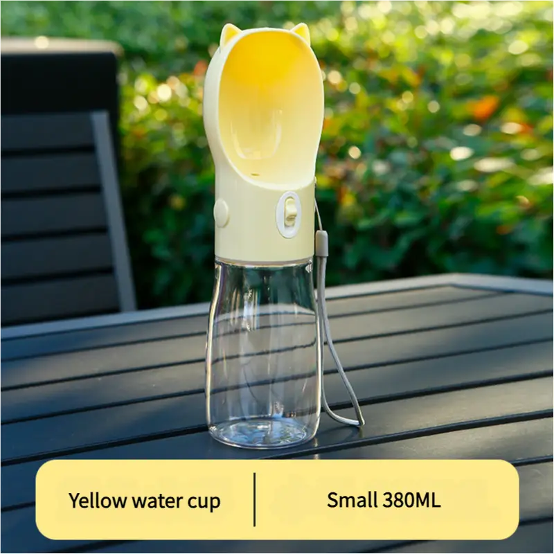 Portable Dog Water Bottle with Bowl Dispenser - 380ml Yellow Pet Travel Cup Leak-proof One-Hand Operation - Pet Care >