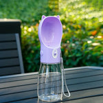 Portable Dog Water Bottle with Bowl Dispenser-500ml Purple Pet Travel Cup Leak-proof One-Hand Operation - Pet Care >