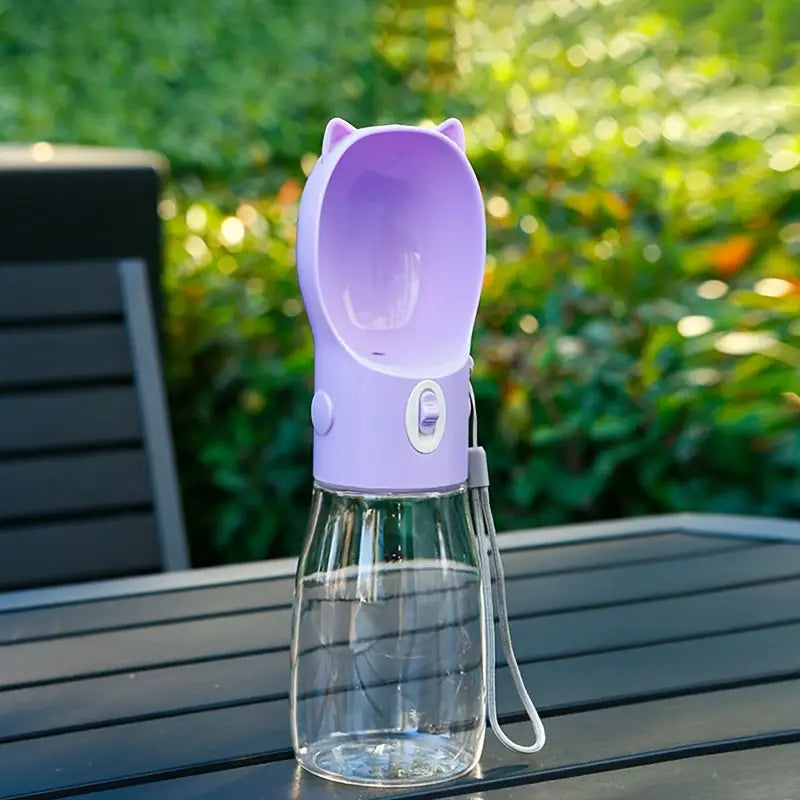 Portable Dog Water Bottle with Bowl Dispenser-500ml Purple Pet Travel Cup Leak-proof One-Hand Operation - Pet Care >