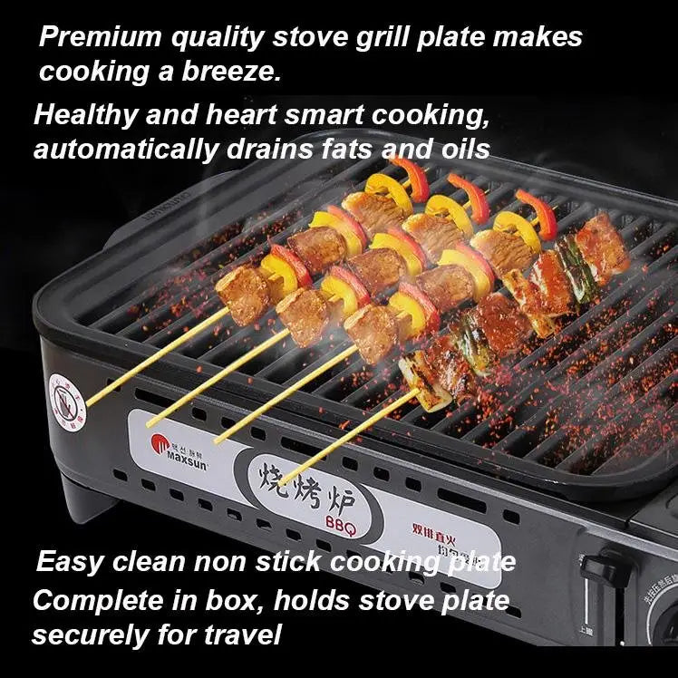Portable Gas BBQ Stove with PRO Grill Plate Outdoor Barbecue Cooking Burner Kit Butane Camping - Home & Garden > BBQ