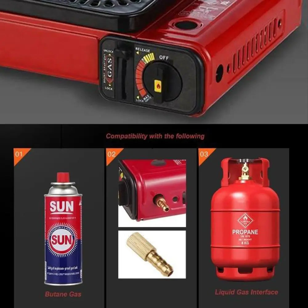 Portable Gas Stove Burner Butane BBQ Camping Gas Cooker With Non Stick Plate Red without Fish Pan and Lid - Home &