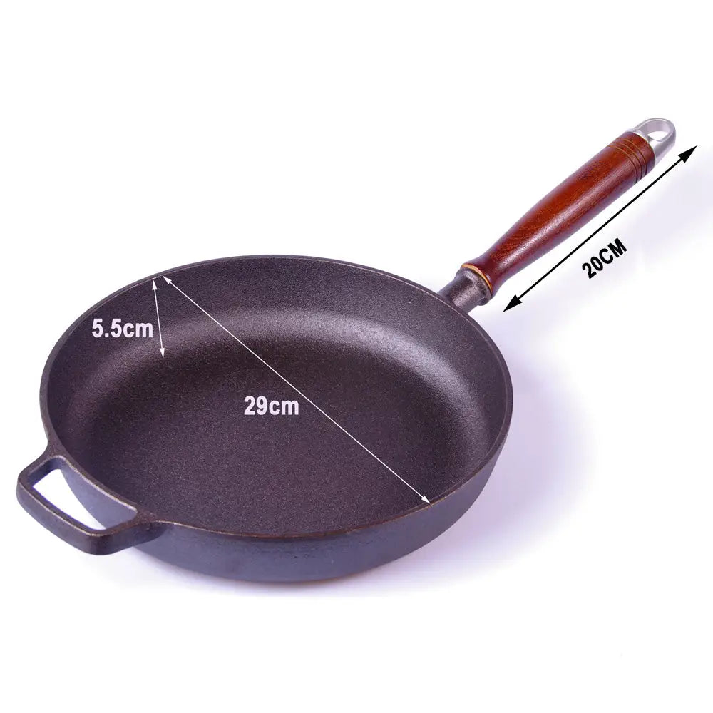 Pre-Seasoned 29cm Cast Iron Fry Pan Cookware Heat-Resistant Wooden Handle - Home & Garden > Kitchenware > Skillets &
