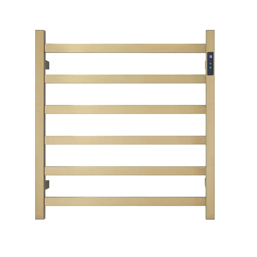 Premium Brushed Gold Heated Towel Rack with LED control- 6 Bars Square Design AU Standard 650x620mm Wide - Home &