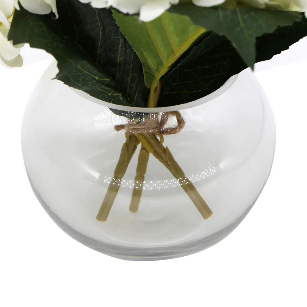 Premium Faux Hydrangea With Glass Vase (Artificial Flowering White Hydrangea) 23cm - Home & Garden > Home & Garden