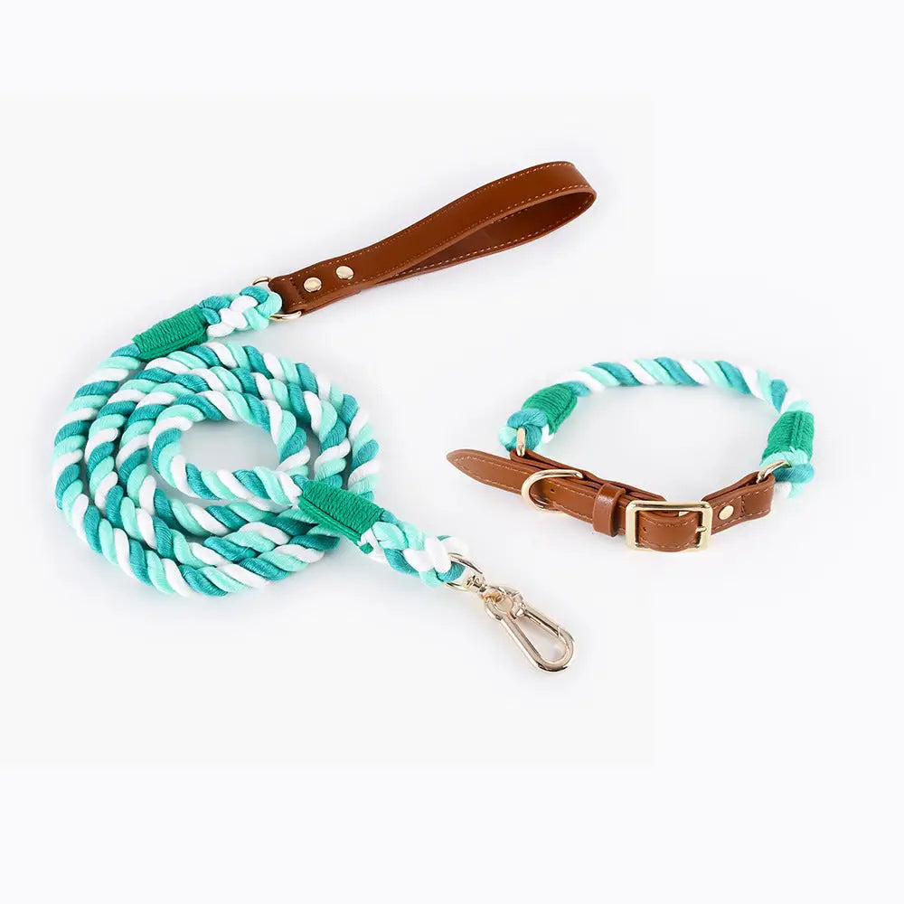 Premium Leather Pet Collar and Leash - Soft Strong Braided Rope (Double green - Size L) - Pet Care > Dog Supplies > Dog