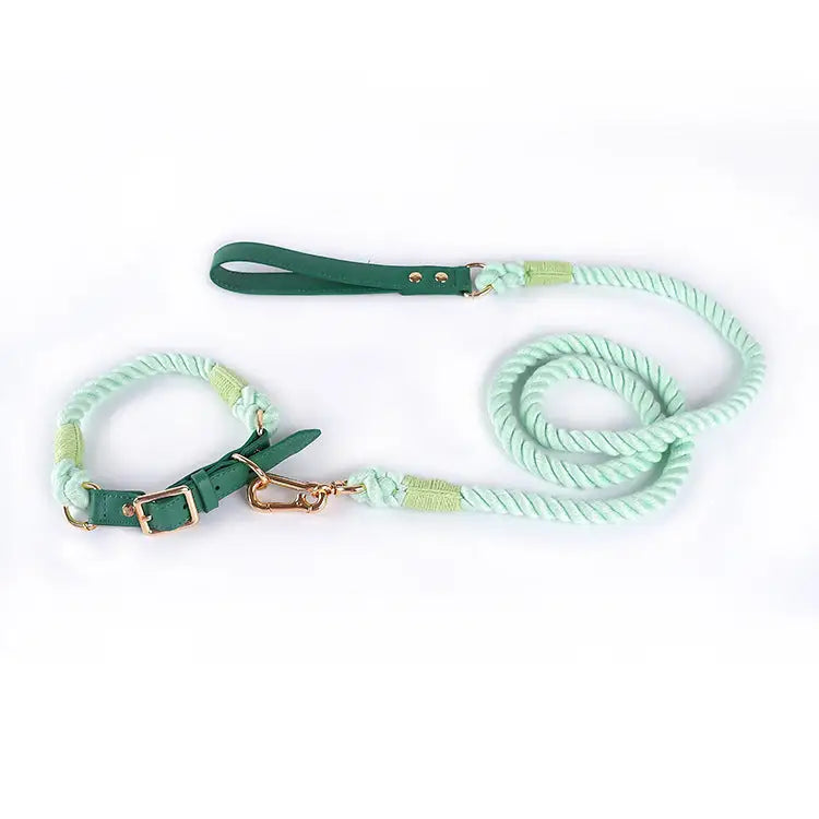 Premium Leather Pet Collar and Leash - Soft Strong Braided Rope (Green - Size L) - Pet Care > Dog Supplies > Dog