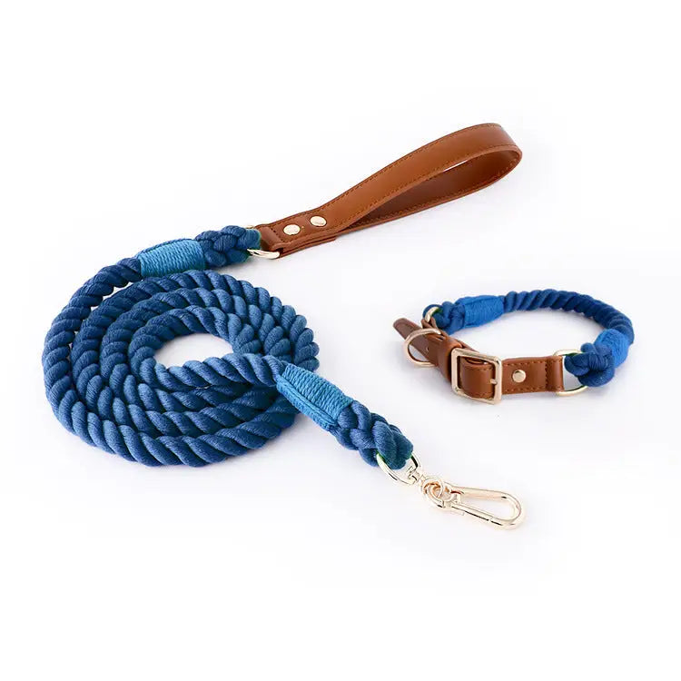 Premium Leather Pet Collar and Leash - Soft Strong Braided Rope (Navy blue - Size S) - Pet Care > Dog Supplies > Dog