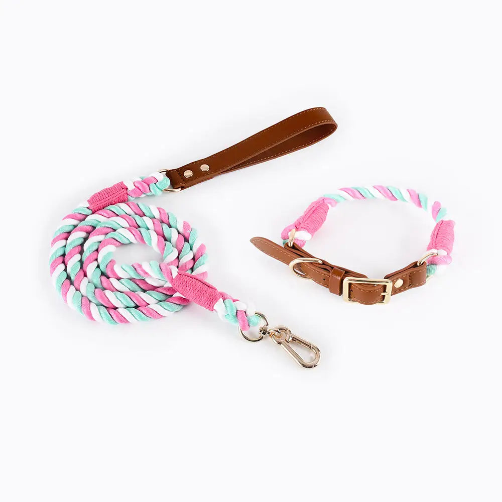 Premium Leather Pet Collar and Leash - Soft Strong Braided Rope (Pink green - Size L) - Pet Care > Dog Supplies > Dog