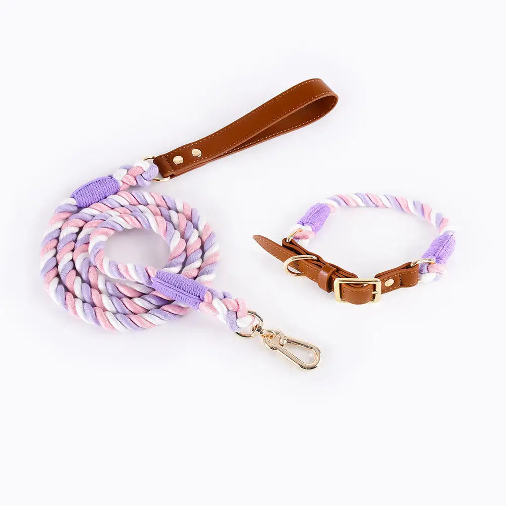 Premium Leather Pet Collar and Leash - Soft Strong Braided Rope (Pink Purple - Size S) - Pet Care > Dog Supplies > Dog