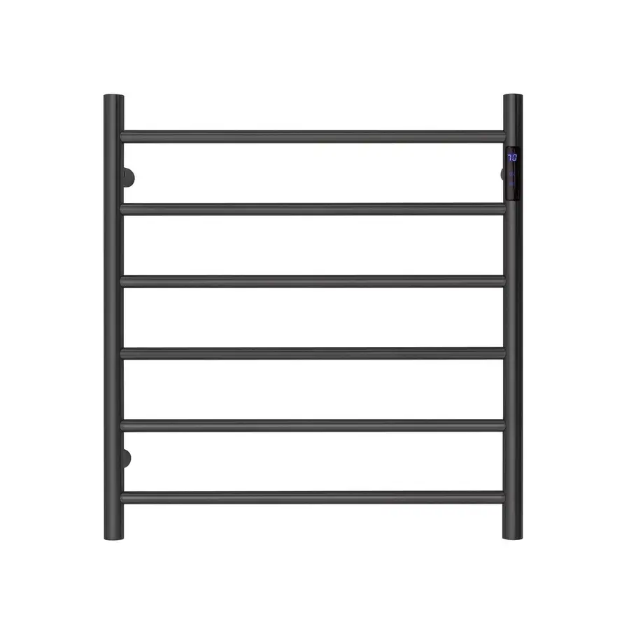 Premium Matte Black Heated Towel Rack with LED control- 6 Bars Round Design AU Standard 650x620mm Wide - Home & Garden
