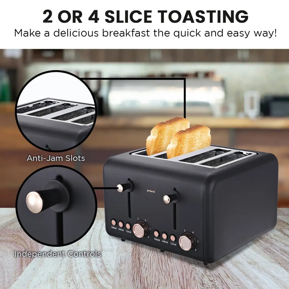 Pronti 4 Slice Toaster Rose Trim Collection - Black - Appliances > Kitchen Appliances