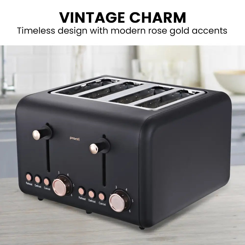 Pronti 4 Slice Toaster Rose Trim Collection - Black - Appliances > Kitchen Appliances